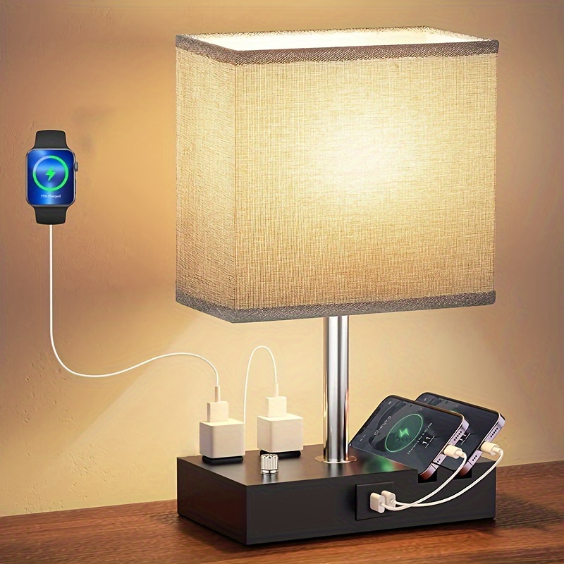 

1pc Fully Dimmable Table Lamp With Usb Ports And Charging Station For Bedroom, Nightstand, And Desk - Dual Power Outlets And Fabric Lampshade - Led Bulb Included