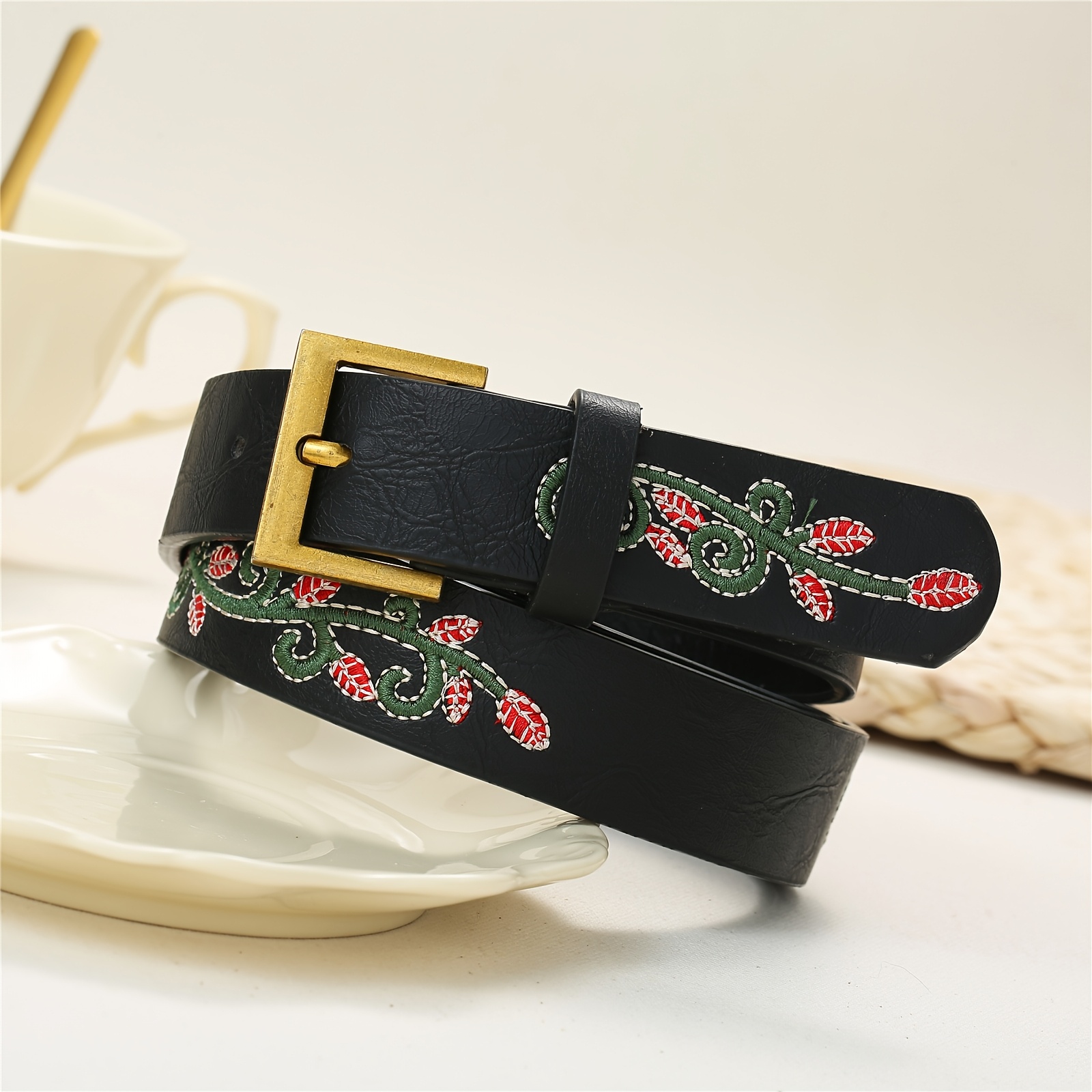 1pc vintage floral embroidered faux leather belt girl chic  display picture 1