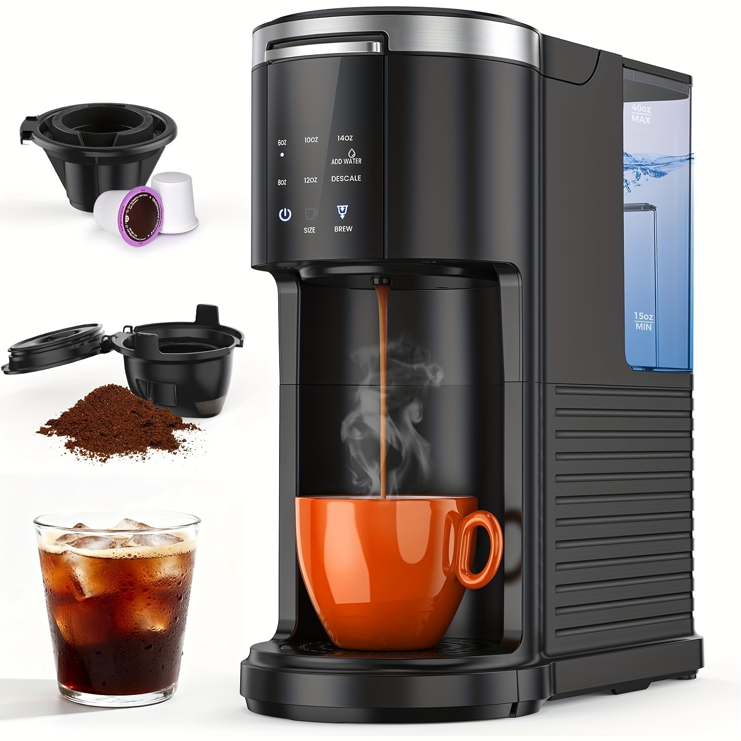 Compact Coffee Machine * Cups And Ground Coffee, Offering Brew Sizes from 6  to 14 Ounces, with *-Ounce Removable Water Tank, Quick Brewing, And Travel  Mug * in Black