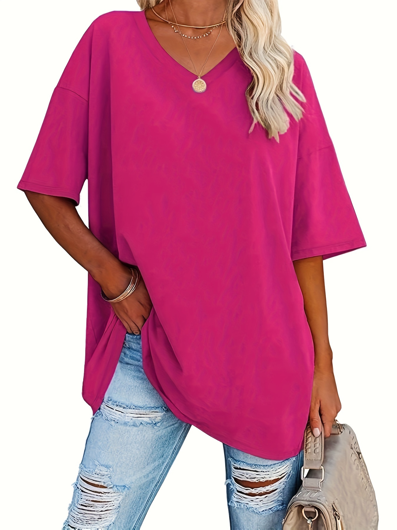 Women's Loose-Fit V-Neck Half-Sleeve Blouse - Soft Stretch, Solid Color, Spring/Summer Casual & Formal Wear, Elegant & Breathable, Transitional Weather Clothing, Middle Eastern Style, Comfortable Fit, Stretchy Fabric Top