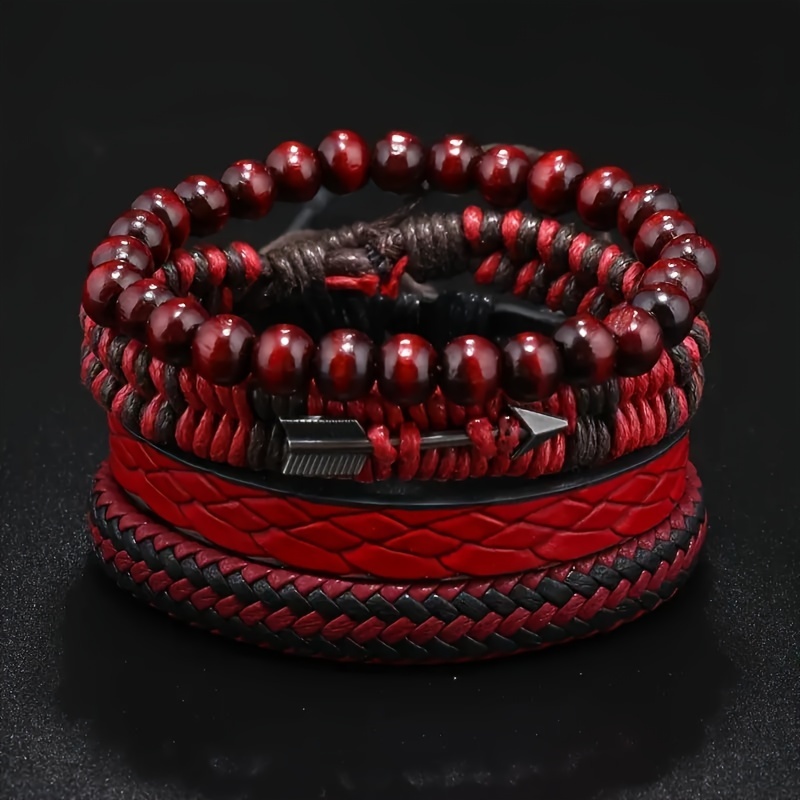 E-shop Europäisches und amerikanisches Hot-Selling Fashion Trend Roten Vier-Teiliges Set Perlen Kunstleder Armreif Armband Handgewebte Handkette
