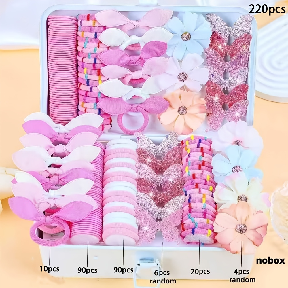 TEMU Random 220pcs Pink Cute Hair Additions, Girly Pink Hair Ties, Dopamine Combination Set 's Headwear Cartoon Cute Hair Clips And Hair Ties Set,
