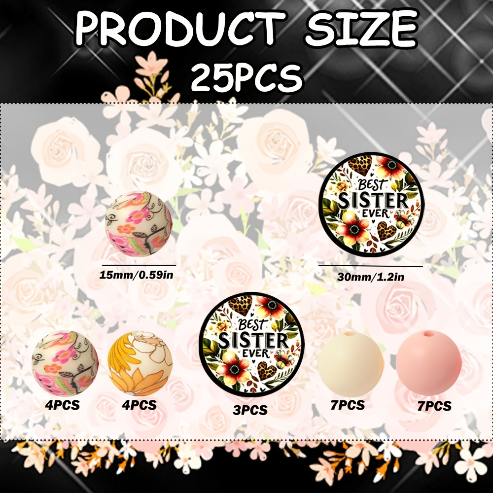 TEMU 25pcs Silicone Beads Featuring Sisterly , Craft Additions For Jewelry Making, Suitable For Beaded Pens, Phone Chains, And Keychain - Made From