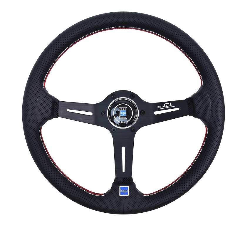 TEMU Universal 350mm/13.77inch Racing Steering Wheel Fiber Faux Leather With Red Stitching 3 Spoke Perforated Grip Reinforced Aluminum Core For