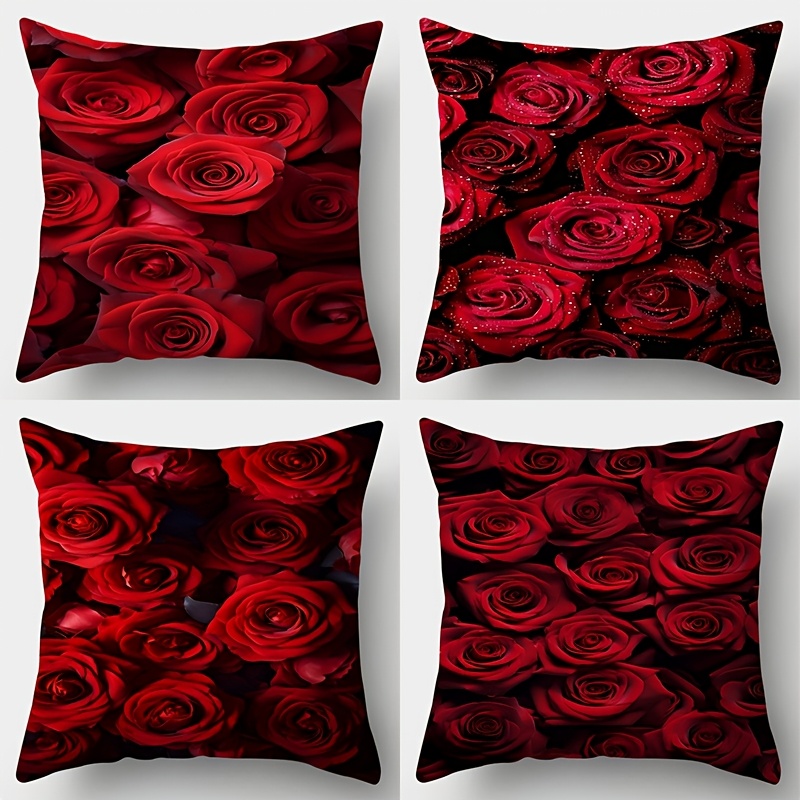 

Set Of 4 Valentine's Day Rose Throw Pillow Covers, Contemporary Style, 17.7"x17.7" Decorative Cushion Cases, Polyester, Woven, Zipper Closure, Hand Wash, For Living Room