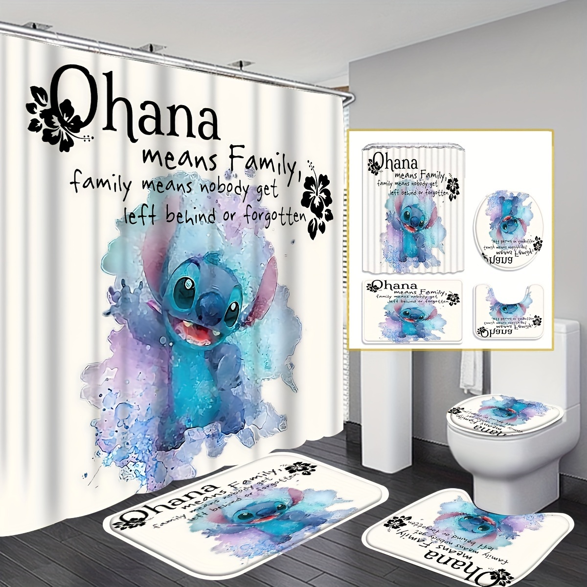 

1/4pcs Ohana Stitch Pattern Shower Curtain Set With Hooks, Waterproof Shower Curtain, Toilet Cover Mat, Non-slip Bathroom Rug, Water Absorbent Bath Mat, Bathroom Accessories, Home Decor