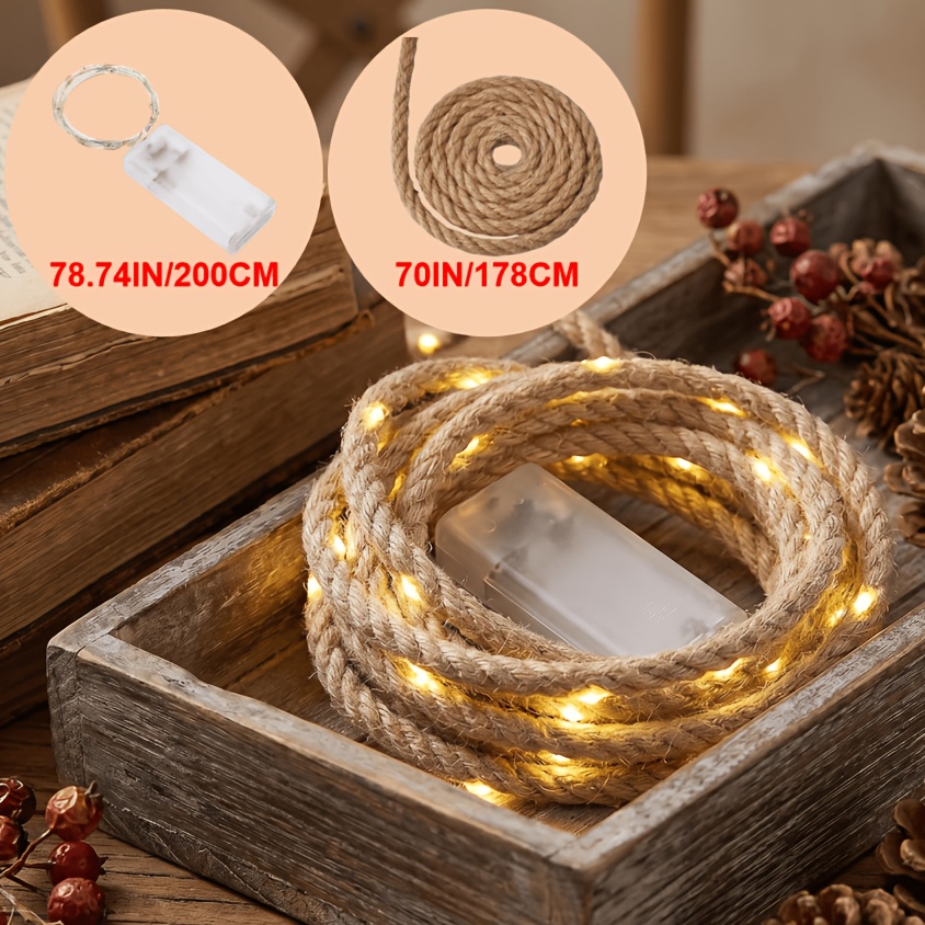 TEMU 178cm Jute Rope With 200cm Led String Lights, Warm White Led Beads, Soft Lighting To Enhance Cozy Atmosphere, Suitable For Halloween Decor,