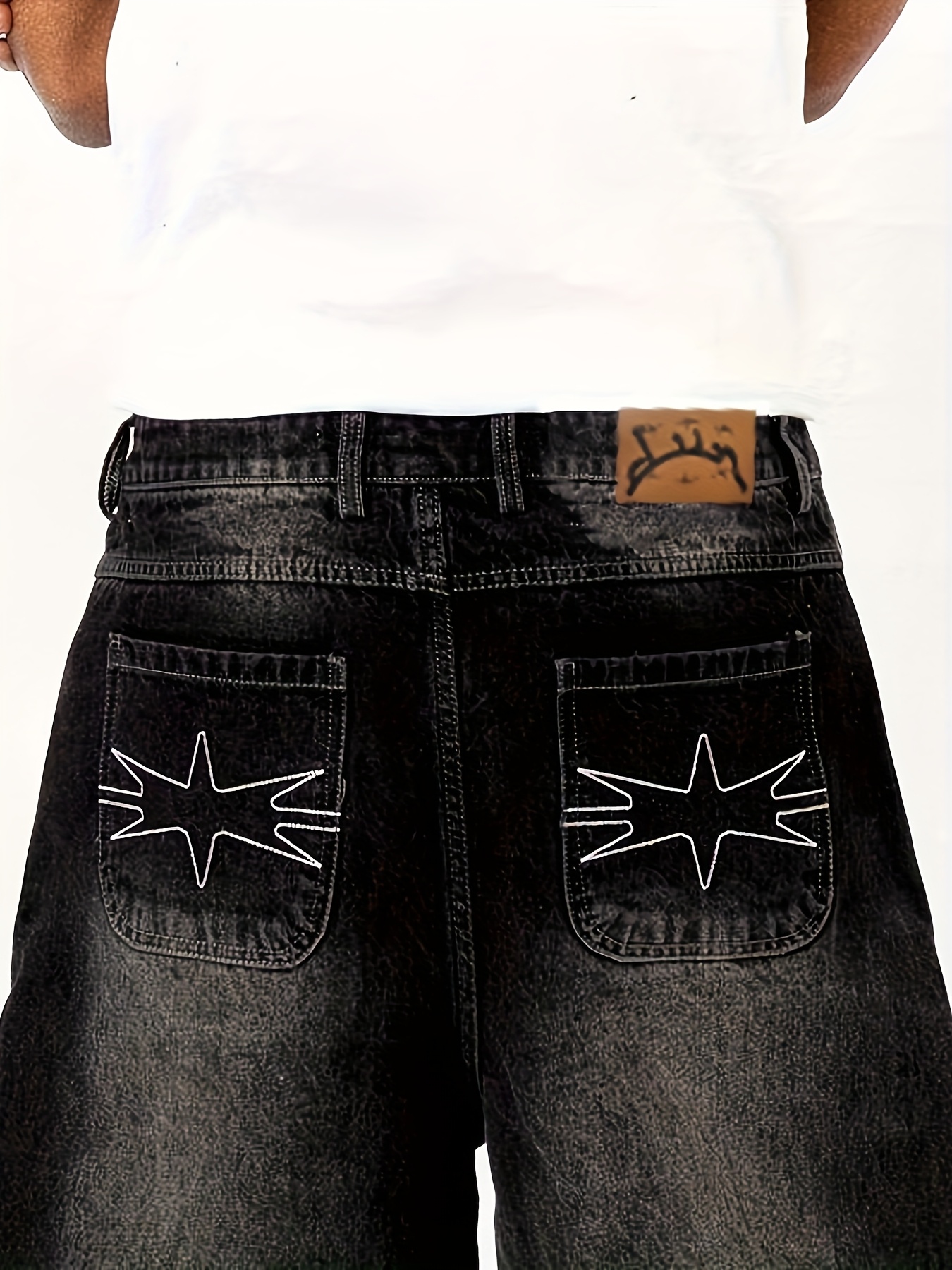 mens geometric embroidered back pocket jeans hip hop Temu Oman
