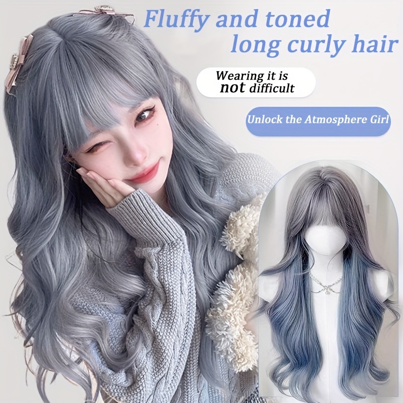 

Women's Cos Style Body Wave Wig With Air Bangs, Fiber, Cap, 100% Density, Natural Cooling Synthetic Wig For All People - Halloween, Christmas, And