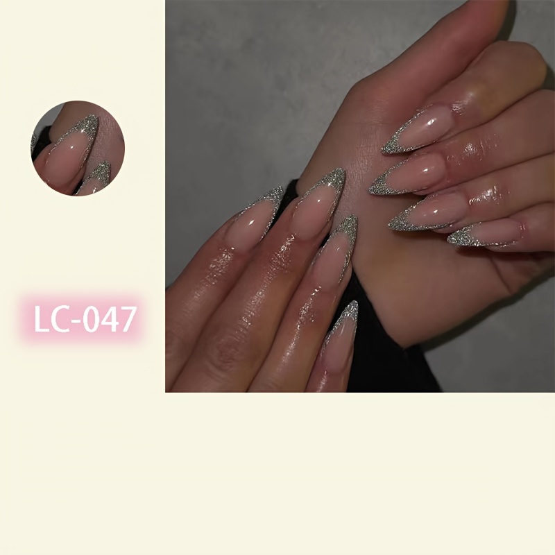 24pcs set medium almond shape nude pinkish false nails y2k style fake nails with slivery glitter french tip design classic fake nails details 2