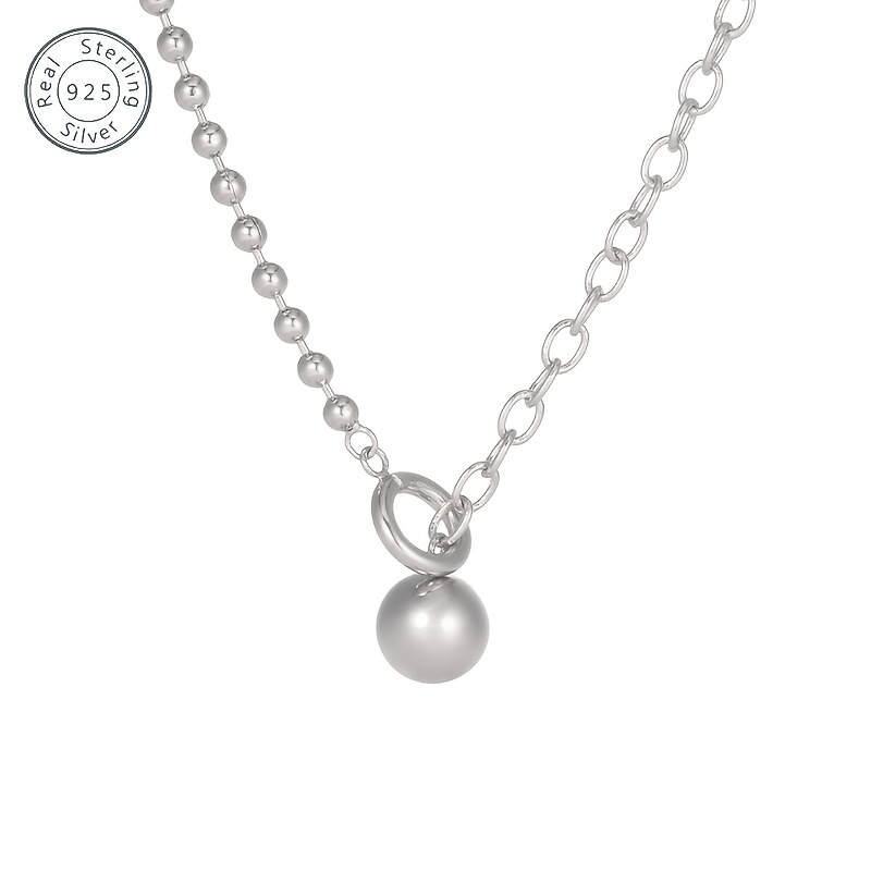 TEMU 925 Pure Silvery Minimalist Fashion Round Bead Pendant Necklace For Daily Wear, Hypoallergenic, Perfect For Valentine's Day, Anniversary,