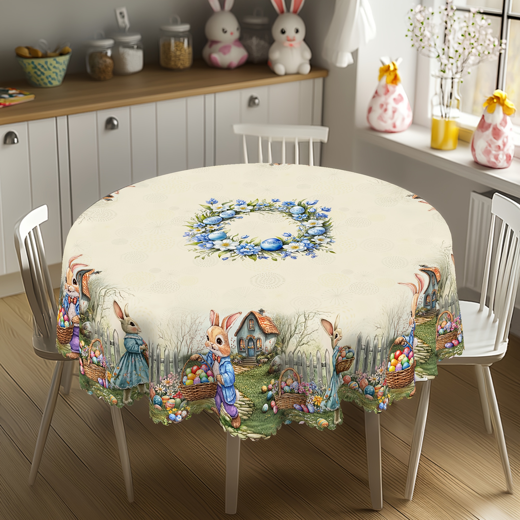 

1pc Vintage Easter Bunny & Egg Floral Round Tablecloth - Pastel Festive Design, 100% Polyester, Indoor/outdoor Dining, Kitchen Decor, And Gifts, Bunny Accessories