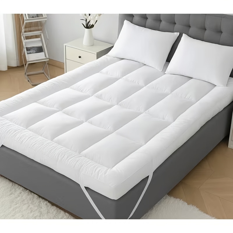 Extra Thick Mattress Topper Measuring 10Cm/4 Inches, Featuring Deep Soft Quilted Microfiber And Elastic Straps, Breathable Design Suitable for Single, Double, King, And Super King UK Bed Sizes, Available in White, Grey, And Blue