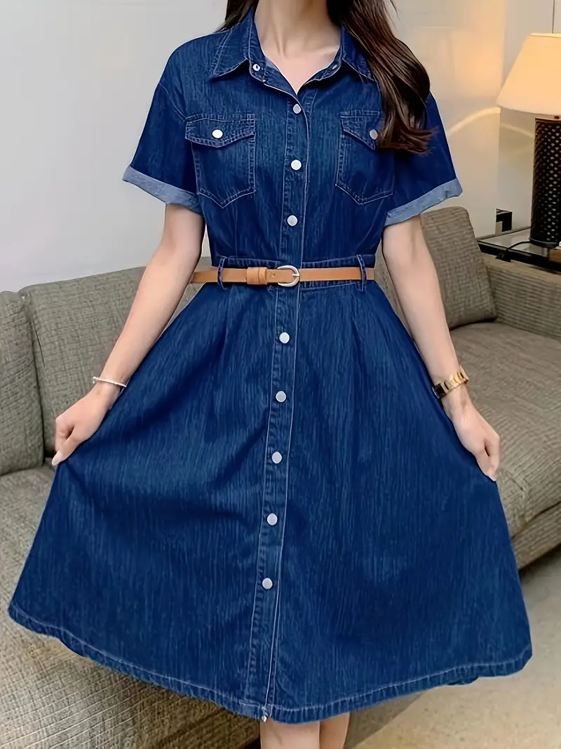 womens casual short sleeve denim dress with chest pockets button detail fitted non stretch lightweight spring summer outfit hand wash only Product details 6