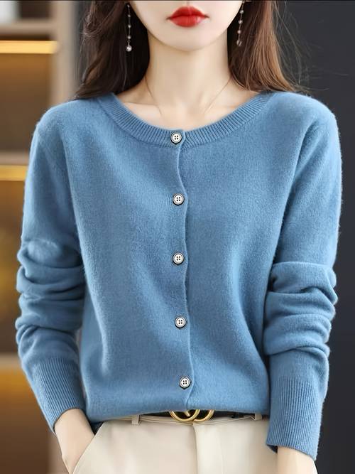 spring autumn new solid color round neck cardigan for women fashionable simple loose versatile outerwear