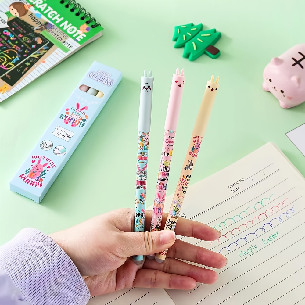 TEMU Ensemble de 3 stylos effaçables aléatoires, lapin, pointe fine de 0,5 mm, gomme intégrée, stylos colorés pour le dessin et le gribouillage,