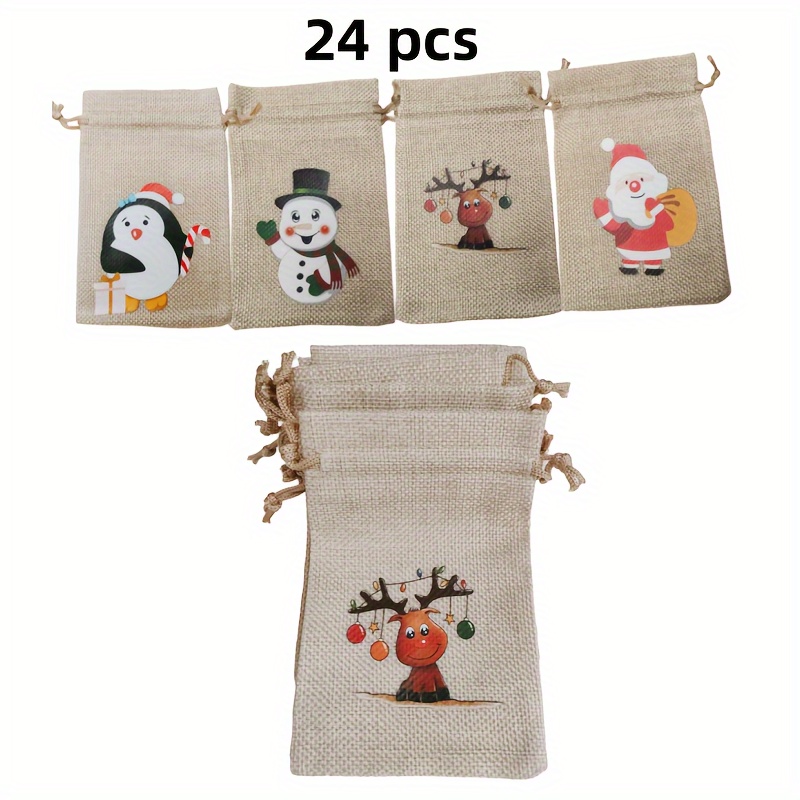 

24 Festive Christmas Gift Bags: 10x15cm Linen Bags With Drawstrings, Featuring 4 Cute Patterns - Perfect For Diy Crafts, Candy Packaging, And More!