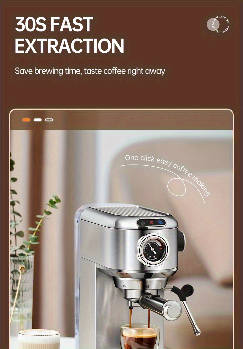 1 Unit CAFELFFEMK-601 Espresso Machine with Milk Frother, 20bar Extraction, Visible Pressure Gauge, Stainless Steel Body, Removable Drip Tray, 1.1L Water Capacity, Coffee Shop Gift Suitable for Lovers/father/mother, Office Equipment