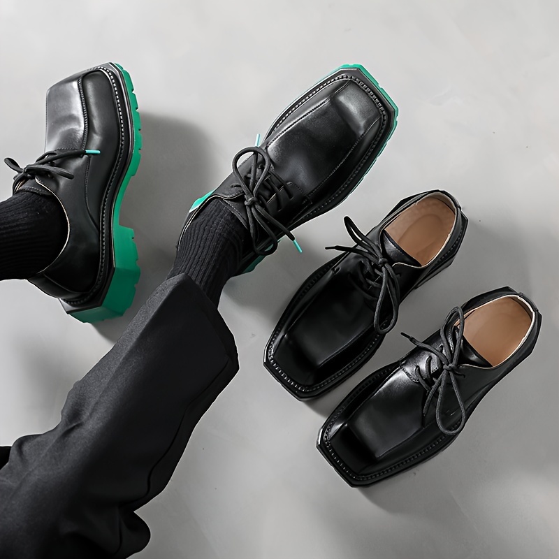 [Trendy Japanese Men's Shoes] Trendy Japanese High-end Popular Men's Shoes | Small Square Head Thick Sole Green Derby Casual Heightening Ins