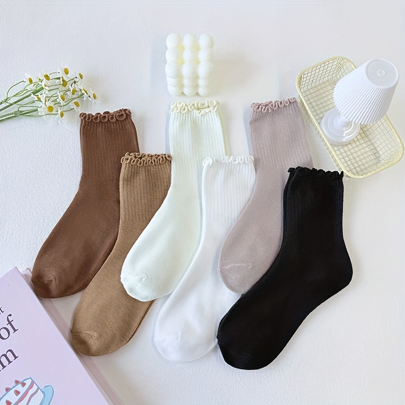 TEMU [fall/winter Style] 12pcs (6 Pairs) Women's Warm Comfortable Mid-calf Socks With Trim, 6 Solid Colors (black/brown/beige/white/light Brown),