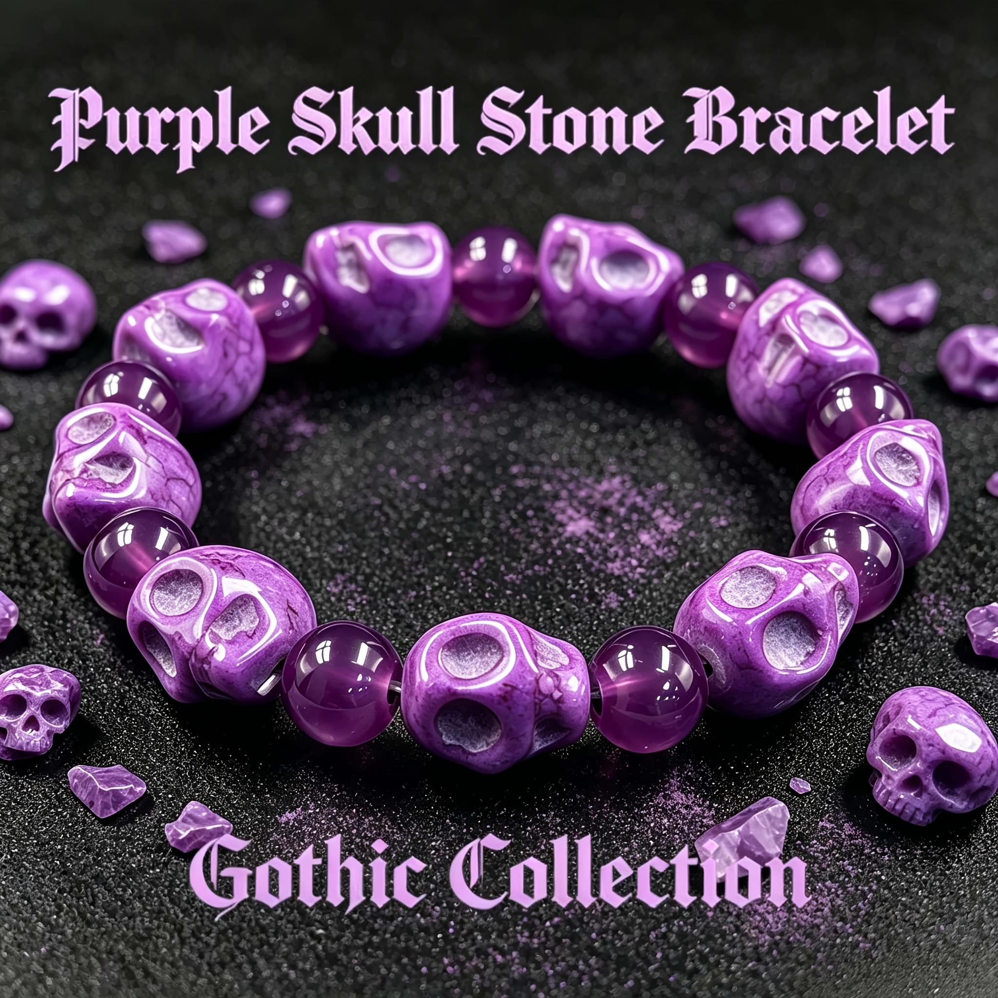 Carved Purple Skull Bracelet with Amethyst Beads