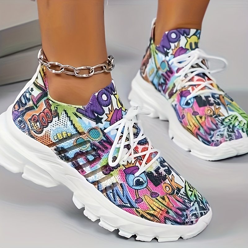 

Women's Graffiti Print Sneakers, Colorful Chunky Athletic Shoes, Lace-up Breathable Trainers, Casual Streetwear Footwear For Halloween