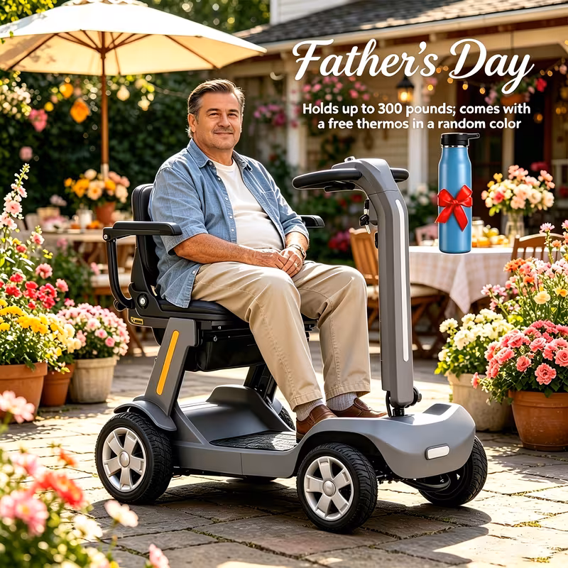 fathers day 4 wheel electric scooter for adults and seniors 300w motor 24v 12ah battery 4 mph 10 mile range lightweight foldable travel scooter with led lights storage bag and charger no assembly Product details 5