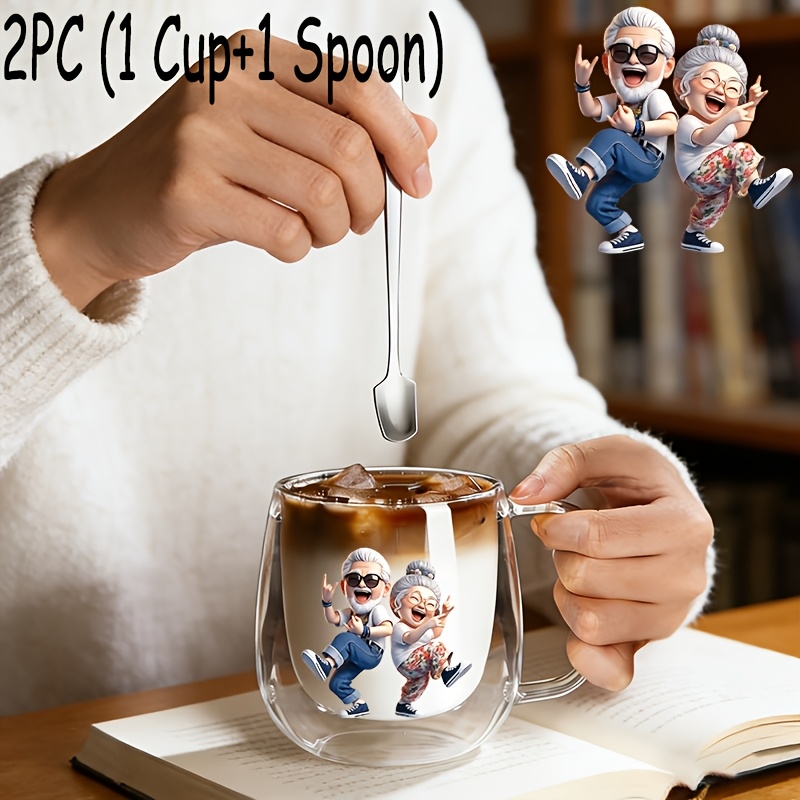 TEMU 2er-Set (1 Glasbecher + 1 Löffel), Isolierter, doppelwandiger Borosilikat-Glas-Wiederverwendbarer Wasserglas mit Griff, Großer, durchsichtiger