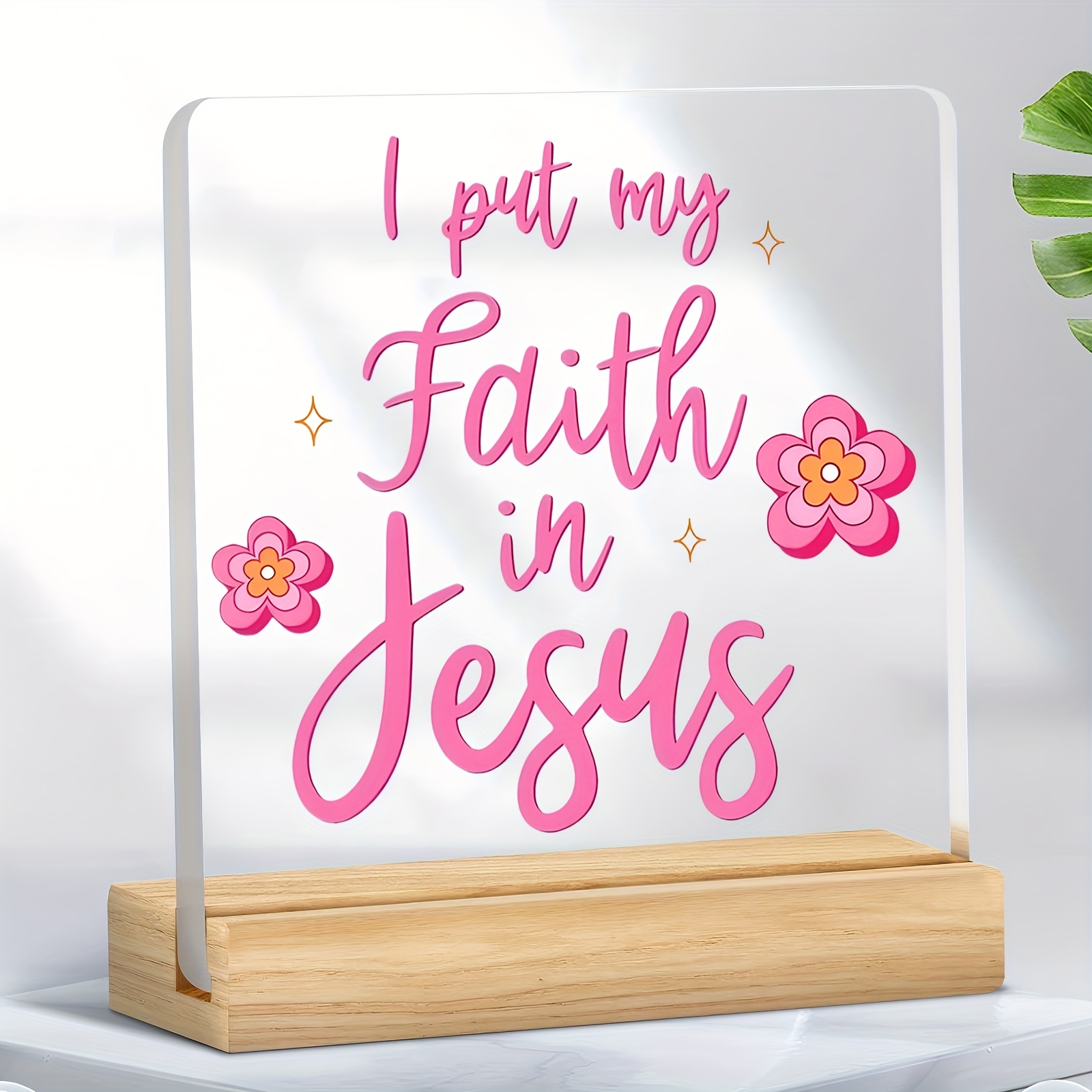 E-shop 2D Flach, 1 Stück Elegantes Rosa Christliches Glaubensdekor - "Ich setze Vertrauen in Jesus" Jesu-Themen Tischschmuck mit floralen Akzenten,