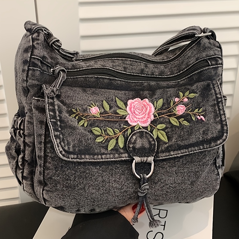 TEMU Perfect Lily Women's Vintage Floral Embroidery Crossbody Bag - Adjustable Strap & Multi-compartment Large Capacity Handbag Suitable For Office,