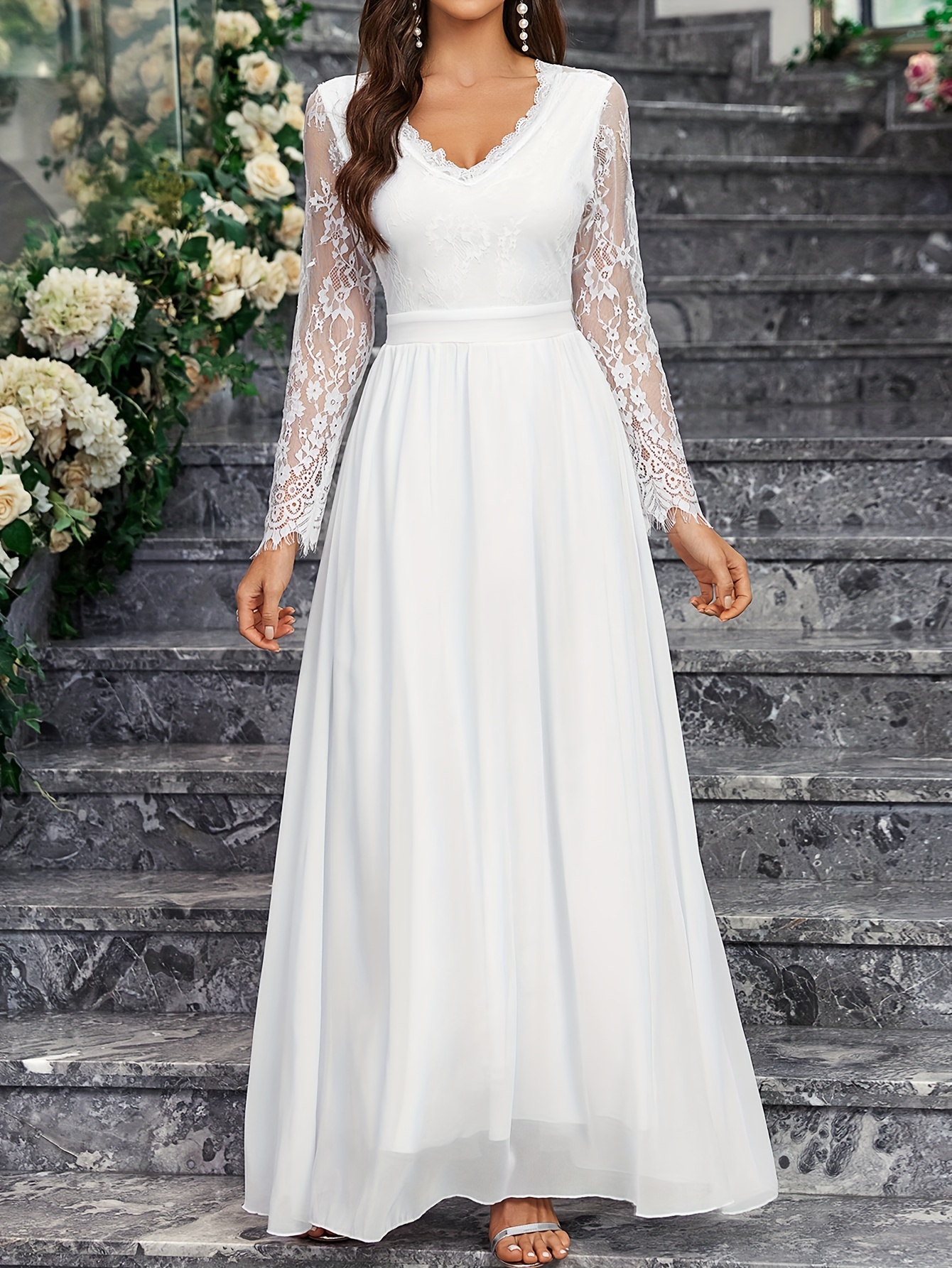 Lace Split Wedding Dress, Elegant Long Sleeve Plunging V-neck Wedding  Dress, Women's Clothing