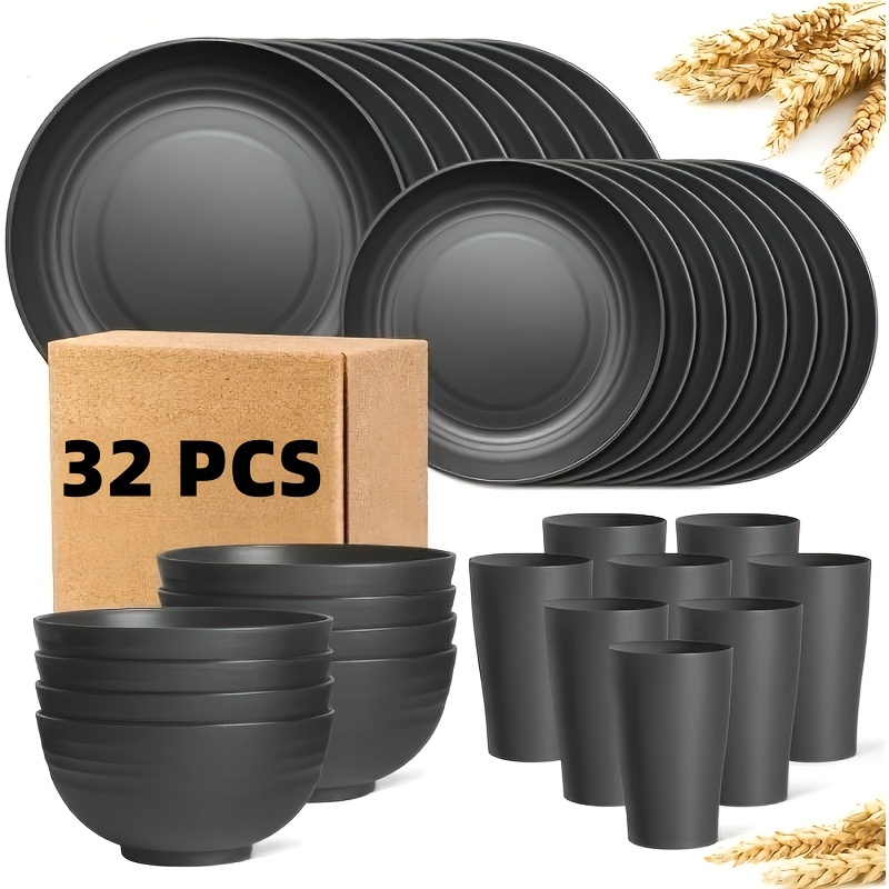 TEMU [unbreakable Dinnerware Set] 32/16/4pcs Wheat Straw Dinnerware Set | Service For 8/4, Large Size Modern Dish Set-plate/dessert Plate/bowl/cup,