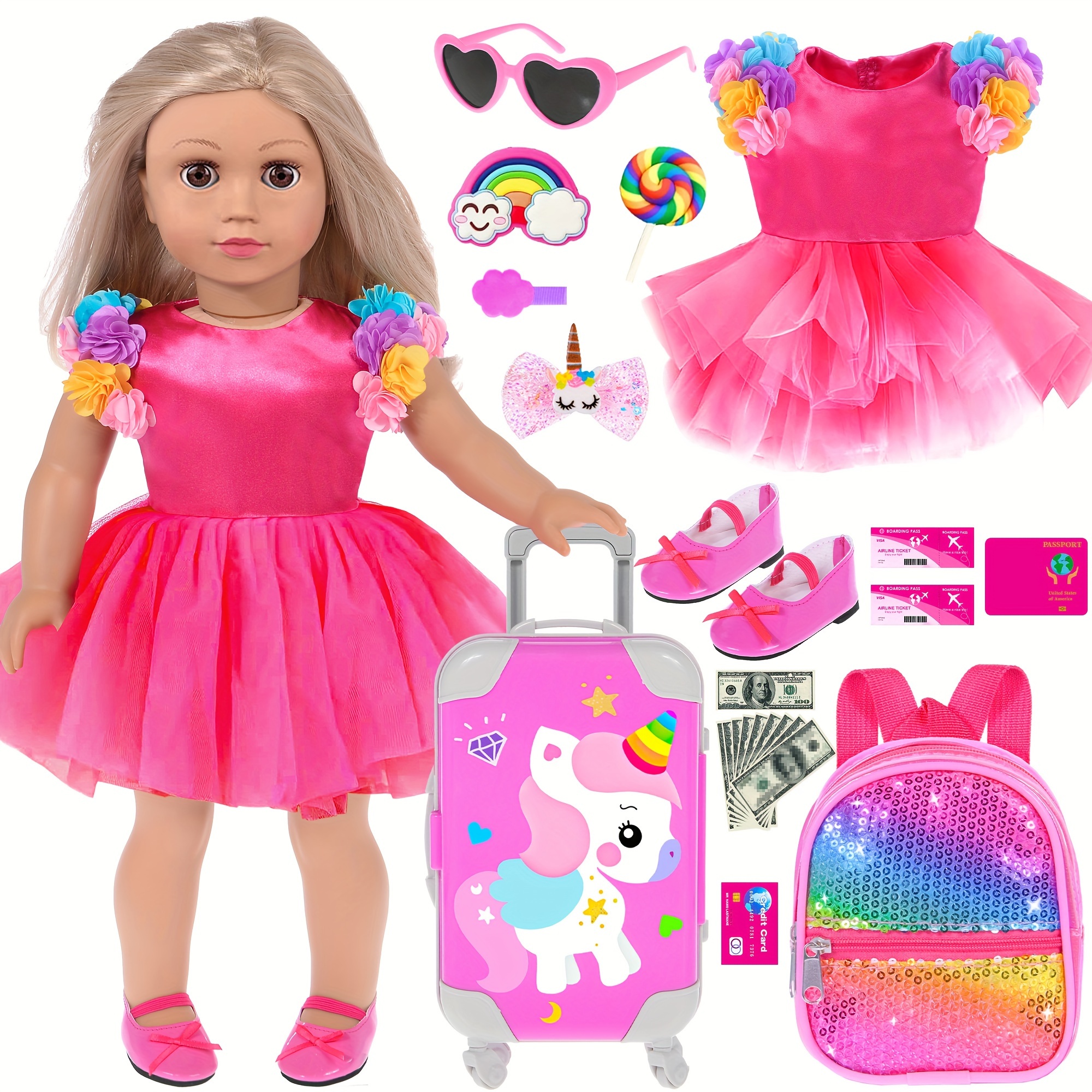 

18-inch Doll Travel Suitcase Playset - Dress With 3d Flowers, Sparkling Backpack, Luggage, Shoes, Glasses & More - Ideal Gift For 3-12 (no Doll Included)