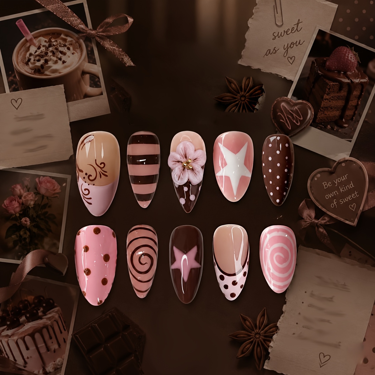TEMU 24 stuks Zoete Roze Bruine Serie Medium Amandel Nagels Ster Decor Verwijderbare Druk-Nagels