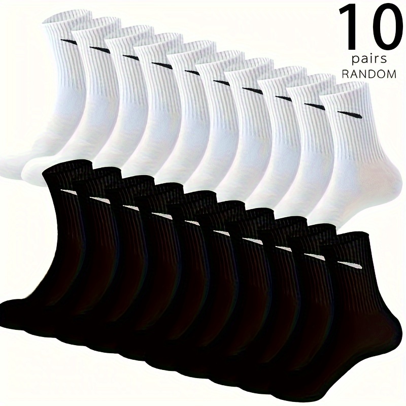 

10 Pairs Men's Breathable Cotton Blend Mid-calf Socks - Comfortable, Moisture-wicking, Striped Design Sports Socks