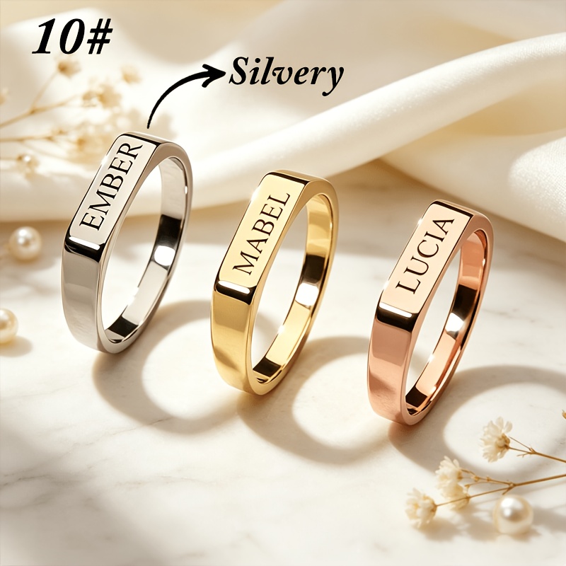 TEMU [customization] Personalized Stainless Steel Small Square Bar Ring, Engravable With Name, Special Date, Niche Commemorative Jewelry For Partner,
