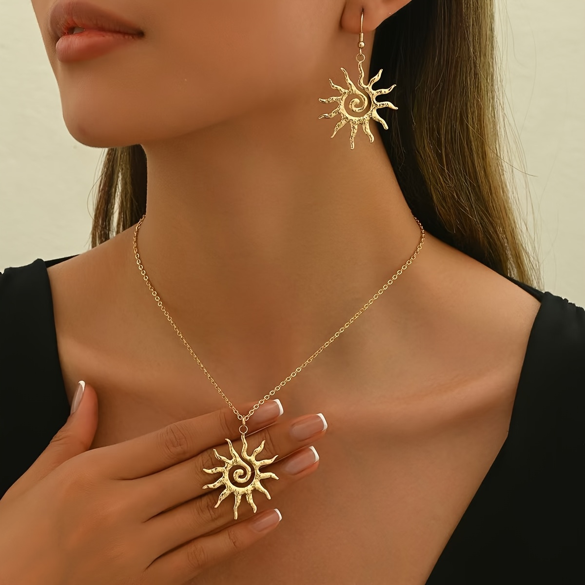 TEMU 3pcs Trendy Golden- Jewelry Set - Unique Rotating Necklace & Earrings, Alloy, Or Gifting, Vintage Jewelry