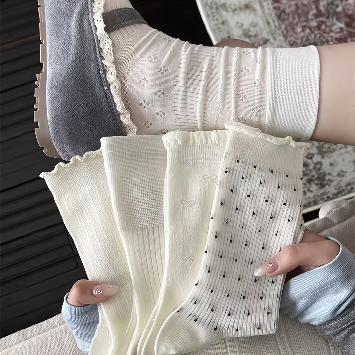 TEMU 5 Pairs Spring/summer Thin New Style Simple Solid Color Vertical Stripes Versatile Polka Dot Lace Mid-calf Socks