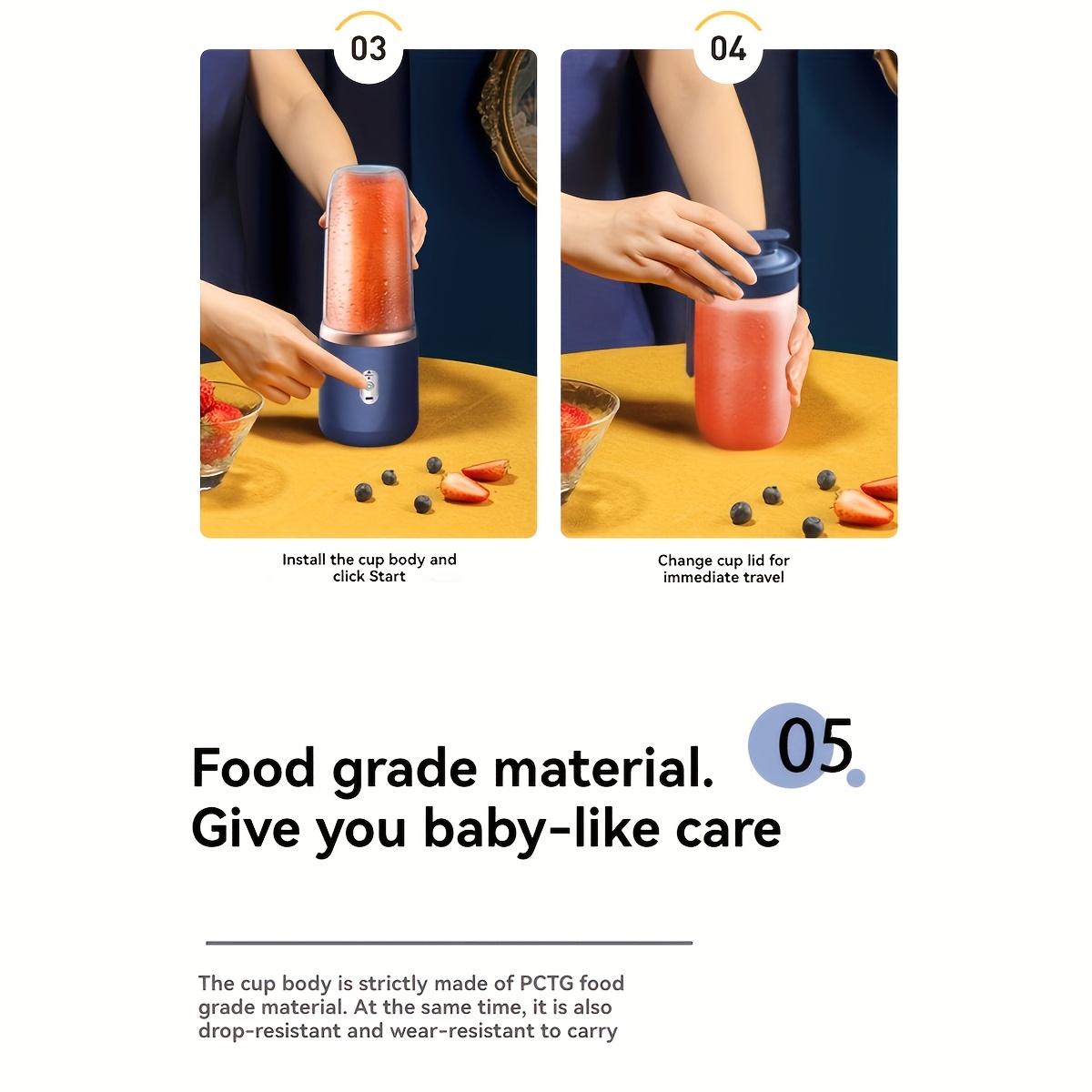 13 53oz portable electric juicer blender wireless rechargeable   mixer with   dual cup suitable for smoothies vegetables and fruits button control usb c charging food grade abs material non heating 1500mah battery Product details 8