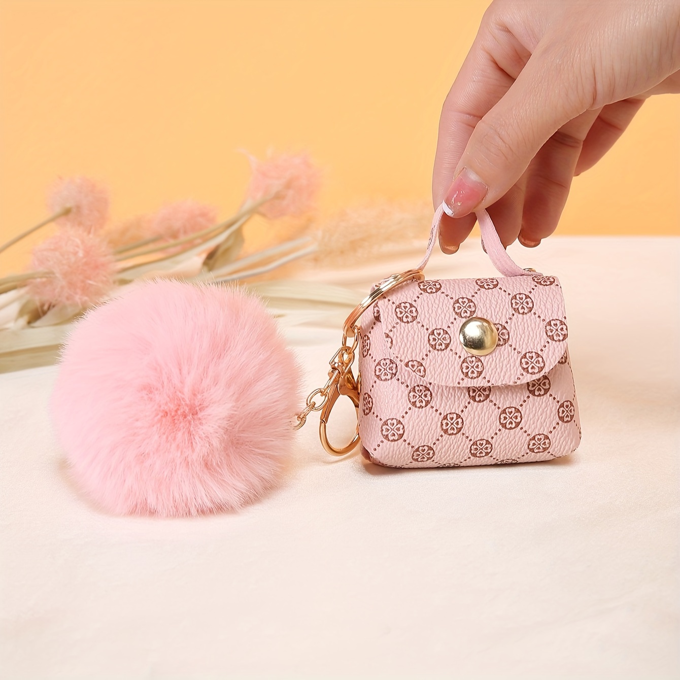 

Mini Retro Style Coin Purse Keychain With Tassel And Fluffy Pom-pom, Magnetic Snap Charm Bag Pendant For Women's Travel Accessory