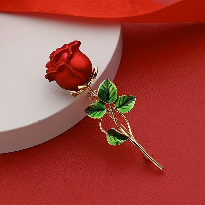 Broche Elegante de Rosa Vermelha com Folhas Verdes - Pino Chic para Vestidos, Suéteres e Casacos - Presente Perfeito para Aniversários, Dia das Mães, Formatura e Carnaval