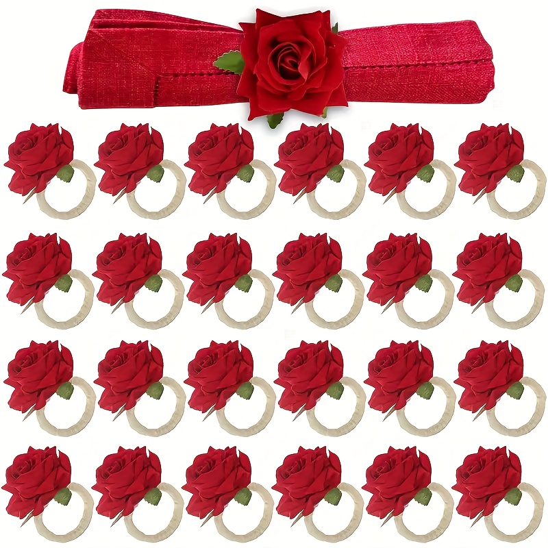 TEMU 10pcs Romantic Rose Napkin Rings, Faux Rose Napkin Rings, Handicraft Flower Napkin Rings, Fake Rose Flower Napkin Holder Wedding Napkin Holder