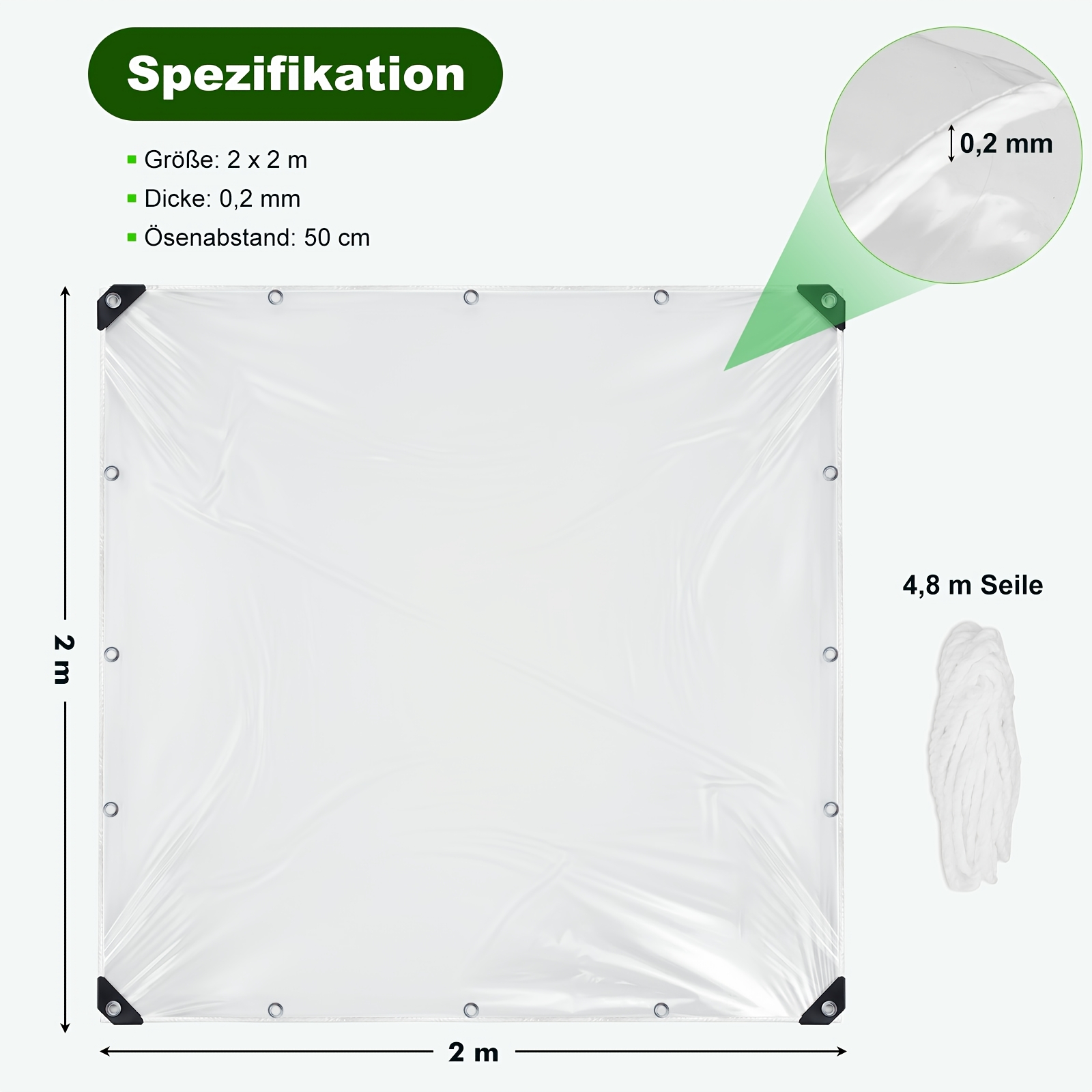 Image of Clear Pvc Cover Sheet With Eyelets 3 X 6m, 0.2mm Transparent Protective Cover With Reinforced Corners And Fixing Rope For Garden, Patio, Gazebo, Greenhouse, Balcony, Plants And Animal Enclosures