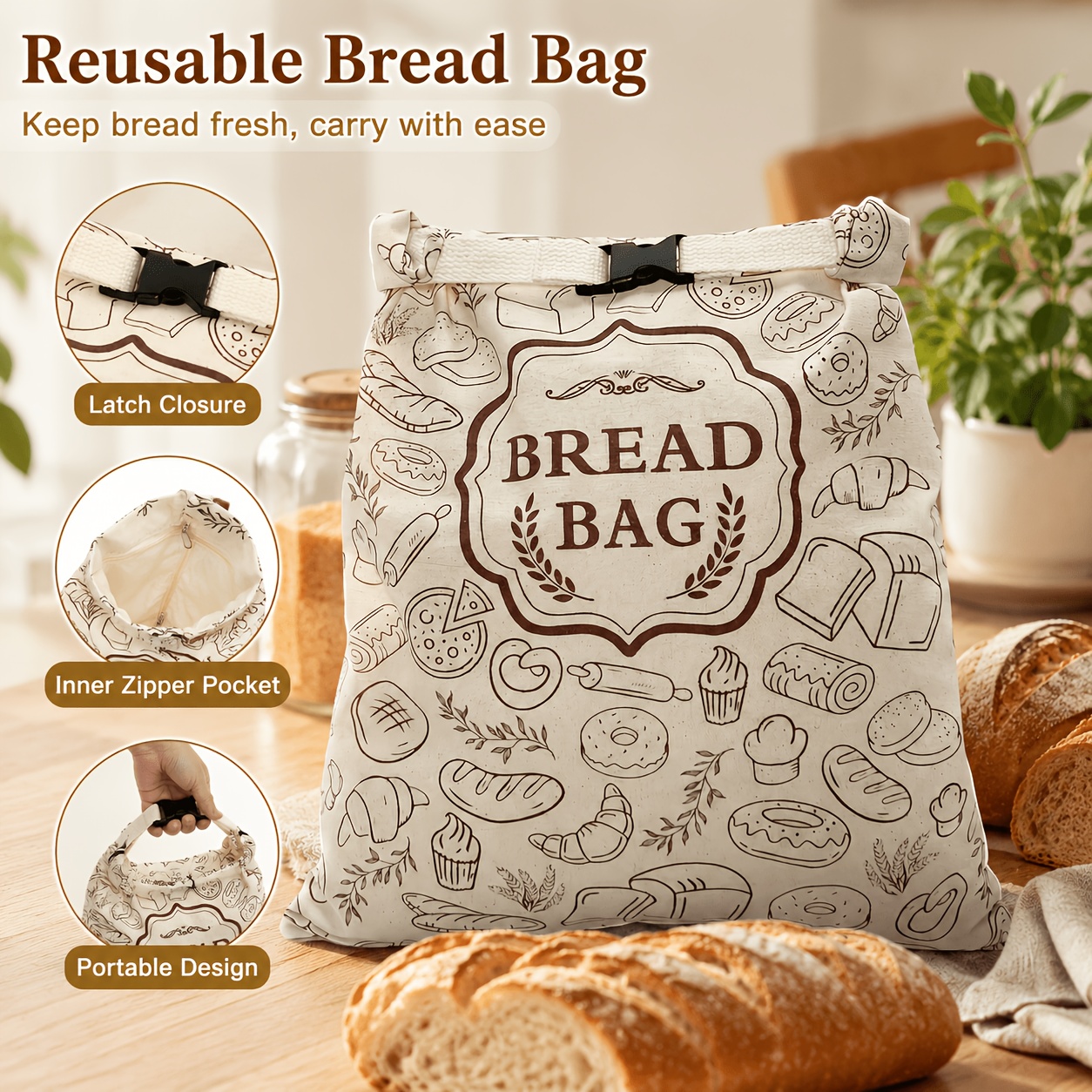 TEMU 2/1pc Reusable Beeswax Bread Bags | Fabric Material With Latch Closure, Square Shape For Homemade And Sourdough Bread, Keeps Fresh, Portable