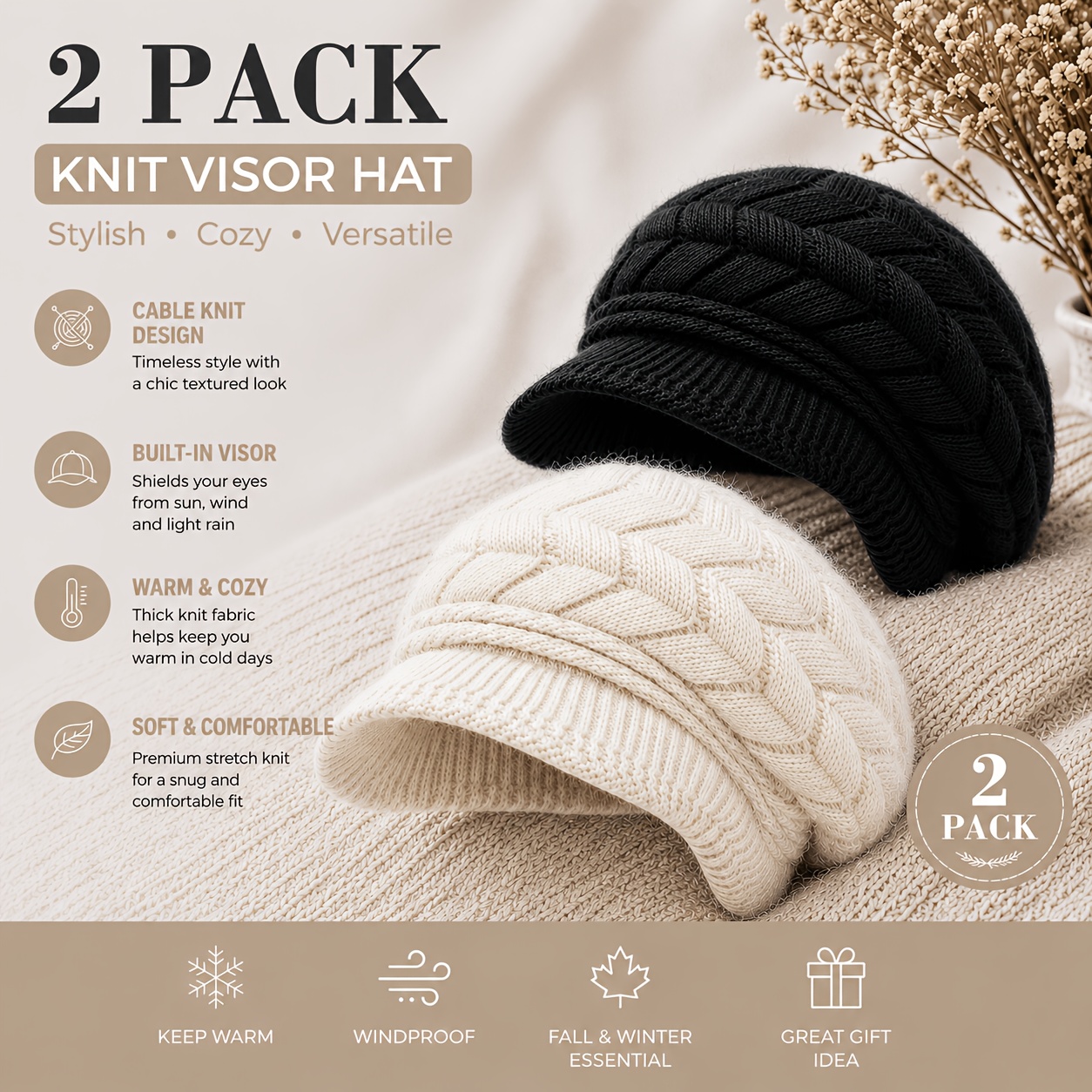 TEMU 2pcs Women's Winter Warm Hats, Cable-lined Vintage Newsboy Cap With Sun Visor, Windproof And Thermal Hat, Suitable For Outdoor Cycling And Daily