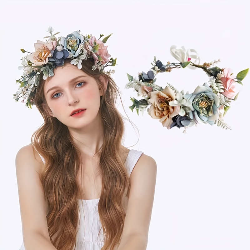 

1pc, Party Wreath Birthday Flower Crown Oversized Vintage Color Wreath Handmade Simulation Flower Bridal Headdress Hairband