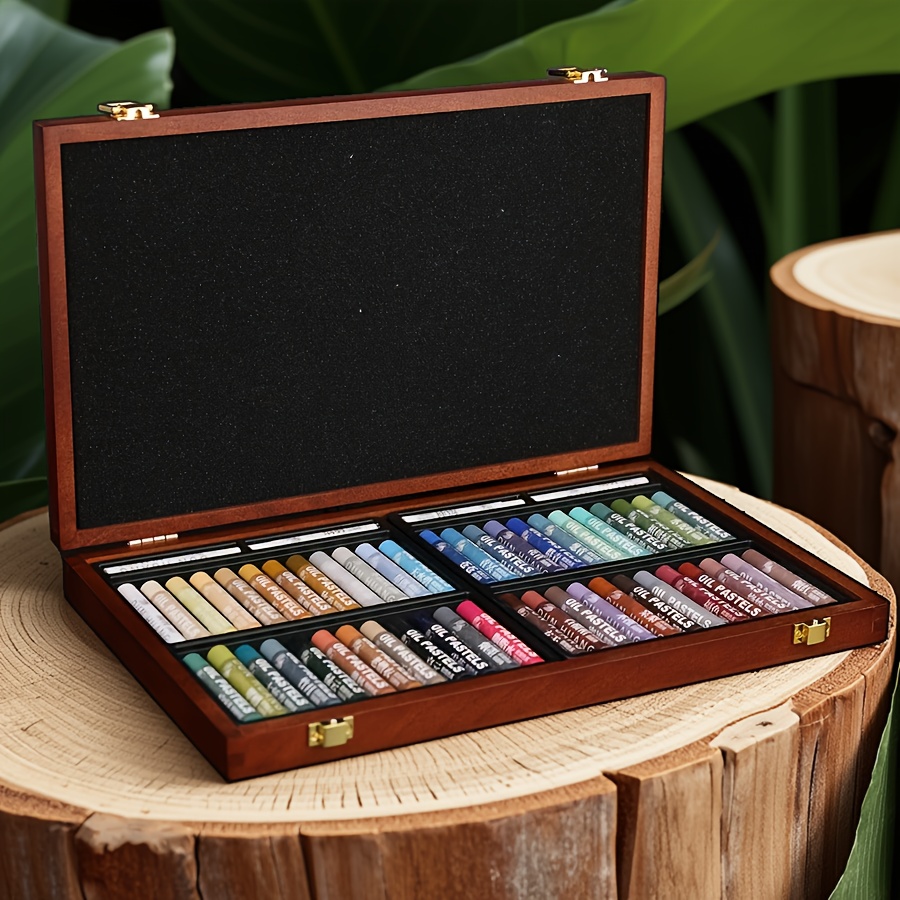 TEMU C'est un JIESO de 52 pièces de boîte cadeau de rangement en bois, ensemble de pastels à l'huile souples, 48 couleurs, système de couleurs riche,
