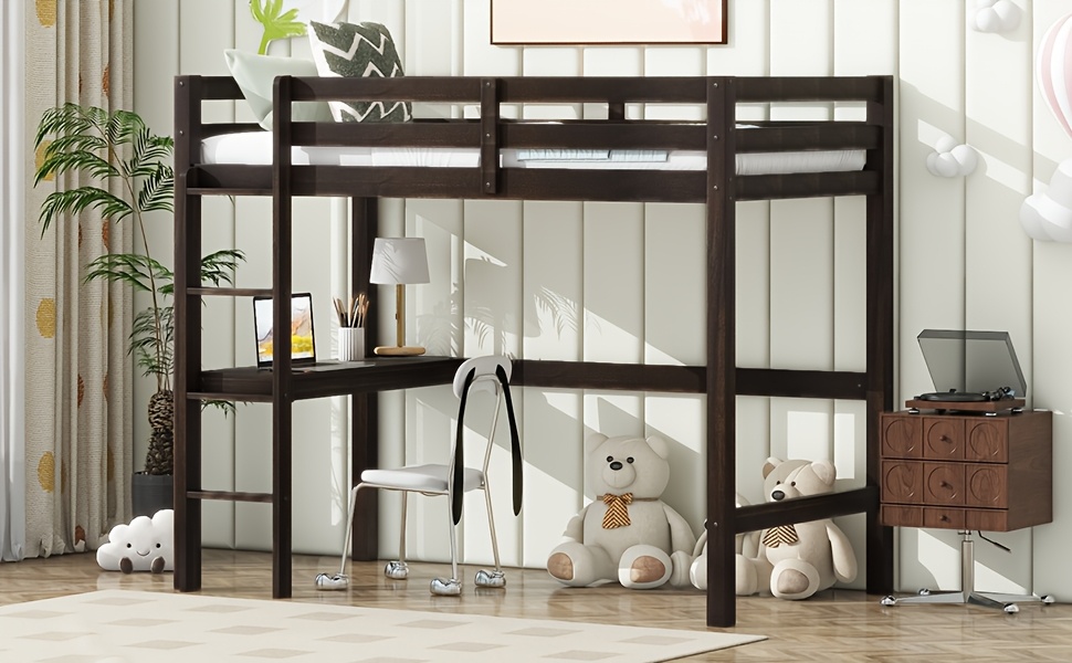 BELLEMAVE Twin High Loft Bed, Rubber Wood Loft Bed with Safety Guardrail, Built-In Desk, Ladder, Espresso