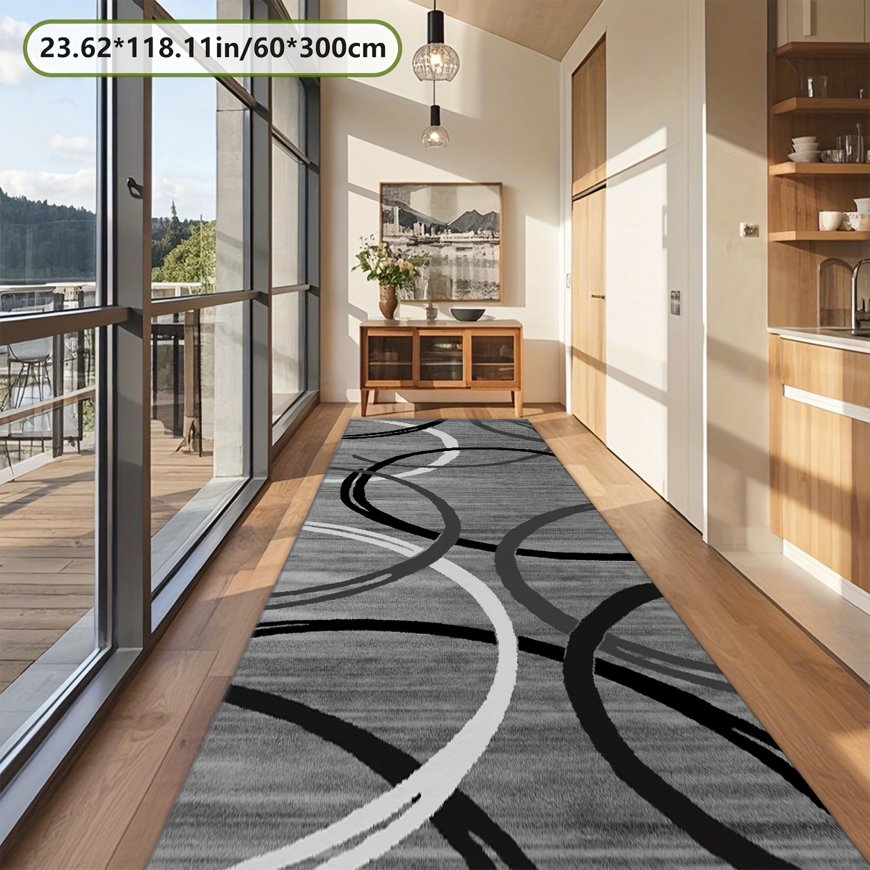 TEMU Golden Diamond Velvet + 800g/m² + Dotted Plastic Backing New Release Long Runner Rug, European Minimalist Black-gray-white Curved Pattern