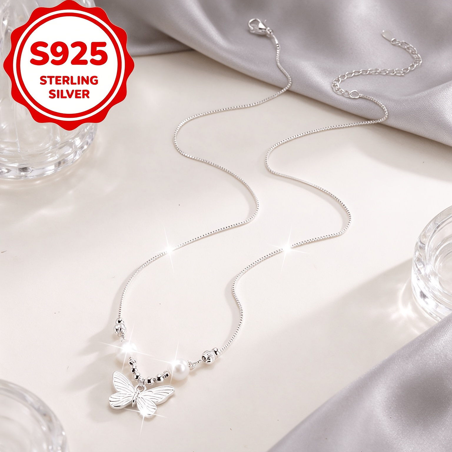 Women's 925 Sterling Silver Round Bead Butterfly Pendant Necklace